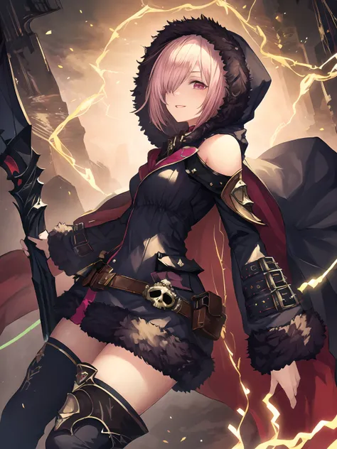 masterpiece,best quality,highres,cinematic lighting,dramatic angle,1girl,<lora:ShadowverseWizardessOfOzV2-000016:0.8>,pink hair,short hair,red eyes,black dress,cape,gold trim,skull,belt,pocket,hood,fur trim,asymmetrical legwear,armored boots,thighhighs,loo...