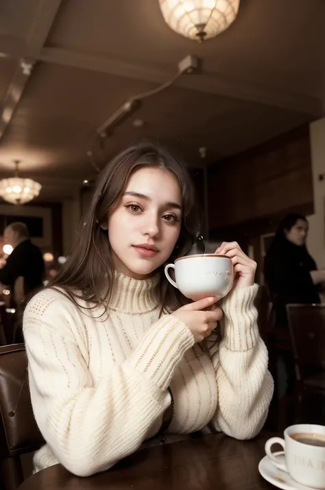 tv_Ada_MXAI , ,  , wearing a cozy knitted sweater, sitting in a café, holding a steaming mug with both hands, happy expression,, 8k resolution, highres, high detail, sharp focus, detailed skin,  8k uhd, bokeh, analog photography