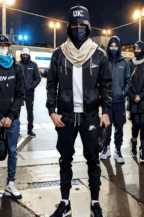 (masterpiece, highres, detailed),full body,multiple boys,<lora:ukdrill-04:0.8>,ukdrill,black pants,baseball cap,hoodie,glowing,hood up,black gloves,bag,scarf,covered mouth,night,