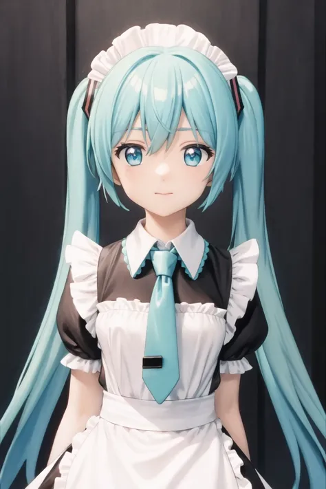 (masterpiece),best quality,1girl,hatsune miku,solo,twintails,necktie,long hair,maid headdress,looking at viewer,upper body,maid,aqua hair,frills,aqua eyes,blue eyes,short sleeves,blue hair,detached collar,shirt,