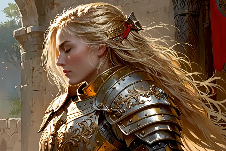 brush art, 1girl,solo,long hair,blonde hair,closed eyes,upper body,parted lips,armor,from side,profile,shoulder armor,pauldrons<lora:EMS-345349-EMS:0.800000>