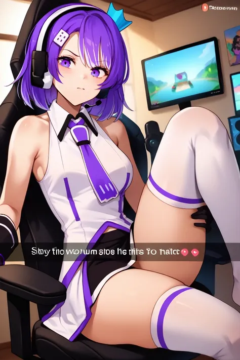 score_9, score_8_up, score_7_up, BREAK, 1girl, solo, breasts,  <lora:snapchat-guy-PONYv1:1>, snapchat,  <lora:gijinkaseries_twitch_ponyXL:1> twitch-chan, purple hair, hair ornament, purple eyes, headset, crown, white shirt, sleeveless shirt, purple necktie...