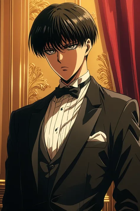 n1ji,party theme,solo, looking at viewer, short hair, bangs, shirt, black hair, gloves, 1boy, bow, white shirt, upper body, male focus, indoors, bowtie, black eyes, black bow, formal, suit, black bowtie, traditional bowtie, curtained hair, levi (shingeki n...