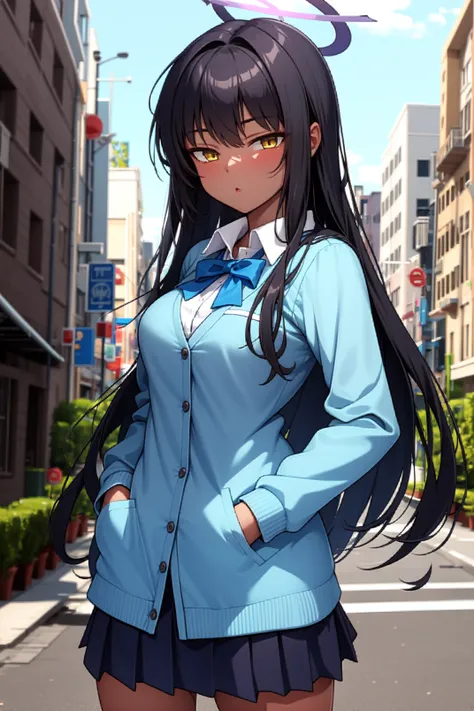 solo, masterpiece, best quality, outdoors, street, cowboy shot, looking at viewer, :o, closed mouth, karin, yellow eyes, dark skin, black hair, very long hair, bangs, sidelocks, halo, collared shirt, blue bowtie, blue cardigan, long sleeves, blue skirt, pl...