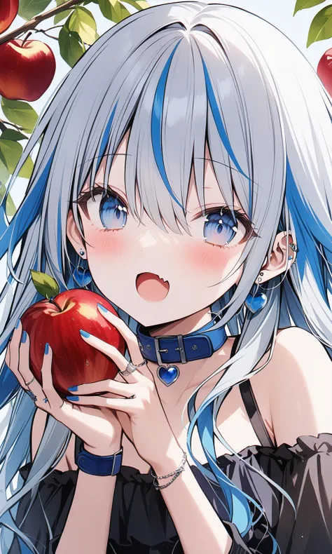 1girl, safe, solo, long hair, looking at viewer, blush, open mouth, blue eyes, holding, hair between eyes, jewelry, bare shoulders, blue hair, grey hair, multicolored hair, heart, earrings, food, fang, nail polish, streaked hair, collar, fruit, ring, holdi...