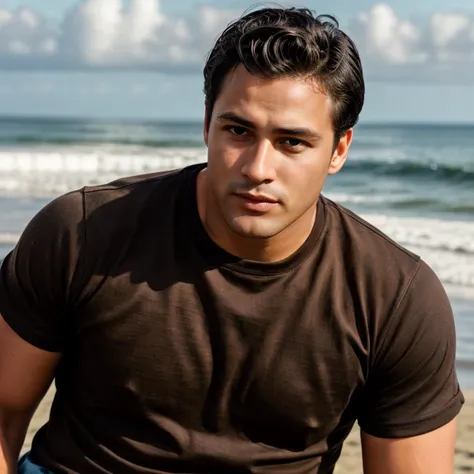 full body photo of a man, (depth of field:1.1), photo of person, brown eyes, black t-shirt, denim pants, (medium shot), at the beach, masterpiece, highness, perfect face, perfect picture, detailed eyes, sharp focus, High detailed view, looking at viewer, d...