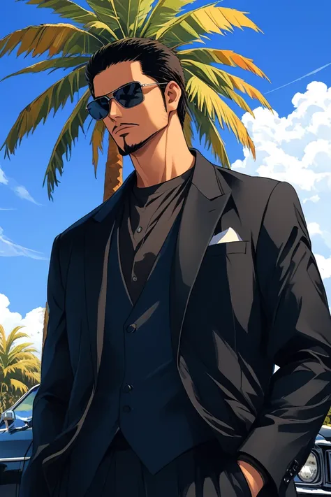 niji,solo, black hair, 1boy, jacket, male focus, sky, day, cloud, tree, facial hair, formal, sunglasses, suit, ground vehicle, motor vehicle, beard, watch, palm tree, car, vehicle focus<lora:EMS-289246-EMS:0.600000>, <lora:EMS-61413-EMS:0.600000>, <lora:EM...