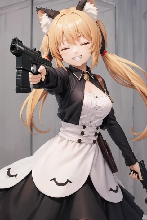 (masterpiece),best quality,1girl,gun,animal ears,solo,closed eyes,twintails,smile,holding gun,dress,aiming at viewer,short sleeves,handgun,animal ear fluff,upper body,grin,teeth,