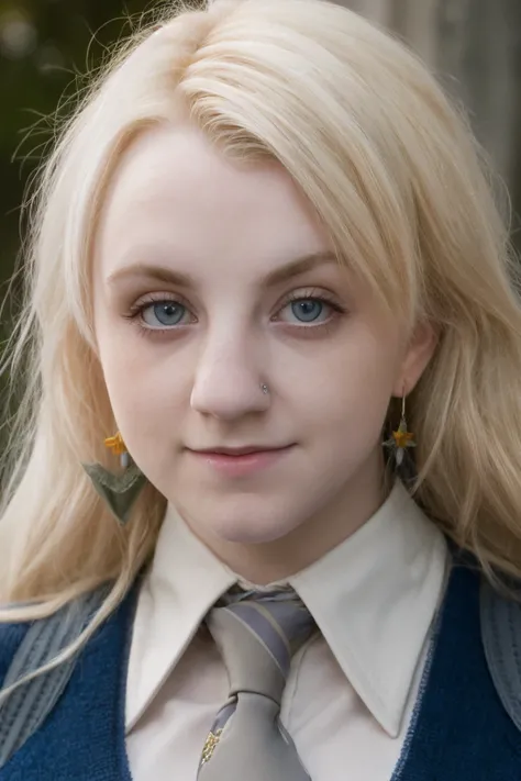 a picture of luna lovegood woman, blonde hair,detailed skin, surface scattering, bokeh, skin pores,  city streets,wearing a uniform,outdoors, looking at viewer ,(subtle smile:0.5), blue eyes, <lora:luna lovegood (6):1> luna lovegood