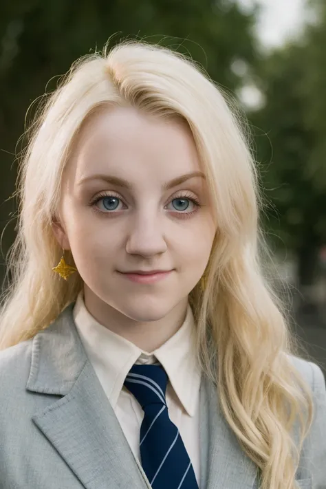 a picture of luna lovegood woman, blonde hair,detailed skin, surface scattering, bokeh, skin pores,  city streets,wearing a uniform,outdoors, looking at viewer ,(subtle smile:0.5), blue eyes, <lora:luna lovegood (6):1> luna lovegood