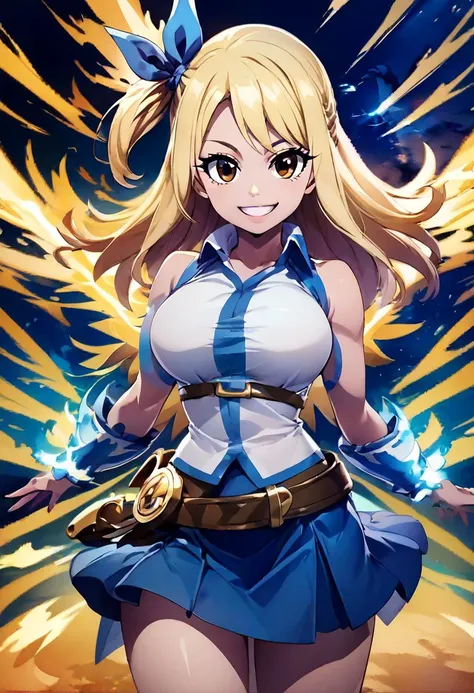 score_9, score_8_up, score_8, medium breasts, cute, eyelashes , 
aaLucy, hair ribbon, side ponytail, blonde hair, long hair, large breasts, white shirt, sleeveless, belt, blue skirt, smile, looking at viewer, 
 official art, valkyrie connect, magic, swirl,...