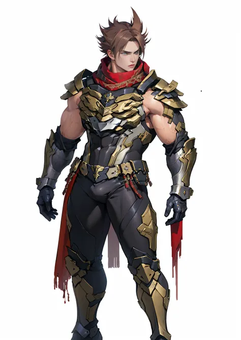 ((best quality)), ((masterpiece)), ((realistic)), (detailed), ((homoerotic))
 narrow waist,  Slim waist, 1boy,
Lars Alexandersson, Swedish, European, brown hair, blue eyes, spiked hair, armor, bulge,, 1guy, armor boots, torso armor, stand , gauntlets, (sho...