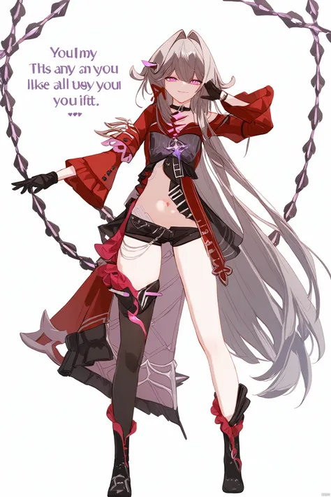 1girl, solo, looking at viewer, bangs,full body, english text, white background,
Thelema, 1girl, black gloves, very long hair, purple eyes, navel, single thighhigh, black short shorts, grey hair, hair ornament,boots<lora:EMS-337889-EMS:0.800000>