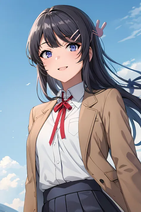 (masterpiece,hires), (2.5D:0.2),  1girl, sakurajima mai, long hair, hairclip, hair ornament, , school uniform, white shirt, grey skirt,  collared shirt, brown blazer, red ribbon,   blue sky, outdoors. smile, simple background, female focus, looking at view...