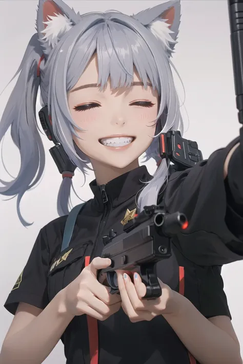 (masterpiece),best quality,1girl,gun,animal ears,solo,closed eyes,twintails,smile,holding gun,dress,aiming at viewer,short sleeves,handgun,animal ear fluff,upper body,grin,teeth,