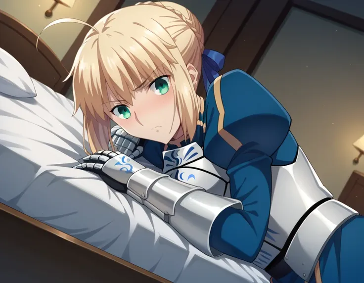 anime girl laying on a bed with a robot arm（artoria pendragon (fate))