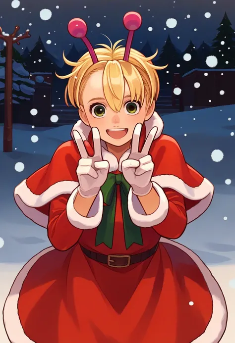 score_9, score_8_up, score_7_up, source_anime, solo, 1girl, bamora, happy, looking at viewer, double v, blonde hair, antennae, green eyes, christmas, red capelet, red dress, fur-trimmed dress, long sleeves, white gloves, snowing, outdoors <lora:dandadan_ba...