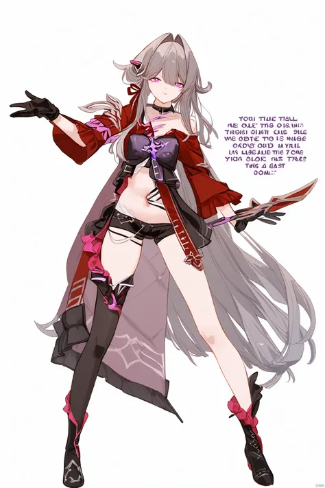 1girl, solo, looking at viewer, bangs,full body, english text, white background,
Thelema, 1girl, black gloves, very long hair, purple eyes, navel, single thighhigh, black short shorts, grey hair, hair ornament,boots<lora:EMS-337889-EMS:0.800000>