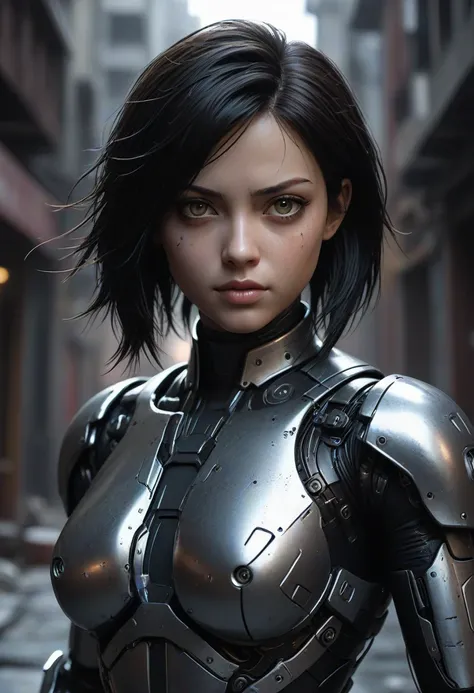 cinematic film still cybernetic robot gritty world of Battle Angel, cyborg Alita, cowboy shot, hyper-realistic skin, inner glow, confidently sprinted towards the viewer through a dimly lit alleyway. Petite athletic figure, natural neon lighting, while the ...