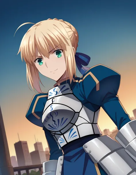 anime girl in armor with city in background（artoria pendragon (fate))