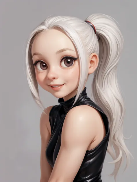 a shy <'em_1'> with enormous black eyes, white hair in a ponytail and swarthy skin wearing a tight dress, style of marc davis