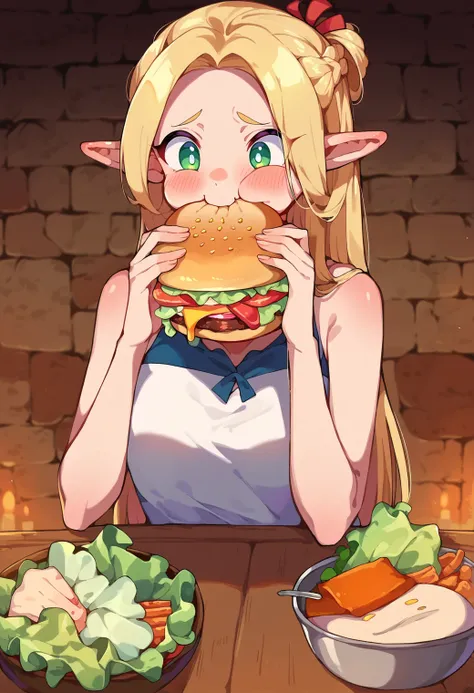 score_9, score_8_up, score_7_up, score_6_up, source anime, BREAK
<lora:dungeon_meshi_collection:0.9> ellicrampnxl, marcille donato, 1girl, pointy ears, elf, dungeon, burger, holding food, holding, eating, blush, food on face, :t, stomach, lettuce, bare sho...