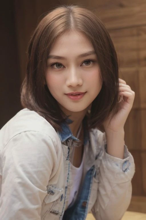 (Denim jacket), collar bone, perfect face shape, (perfect eyes, bright eyes, downing eyes, perfect eyes looking, downing eyes, brown eyes), {smirk|parted lips,teeth}), cleavage, (medium breast:1.2), looking at viewer, (shiny skin, pale skin, clear skin), {...