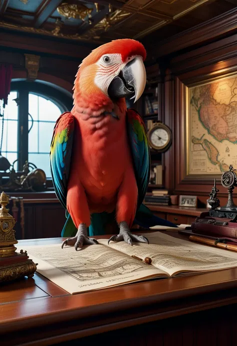 Craft an epic, cinematic scene blending (Human | Parrot) characteristics into one magnificent hybrid Cyborg entity, standing alone in the Captains Quarters of a grandiose Pirate Ship. Imagine a regal figure with a Natural, Multicolored human Parrot Head se...