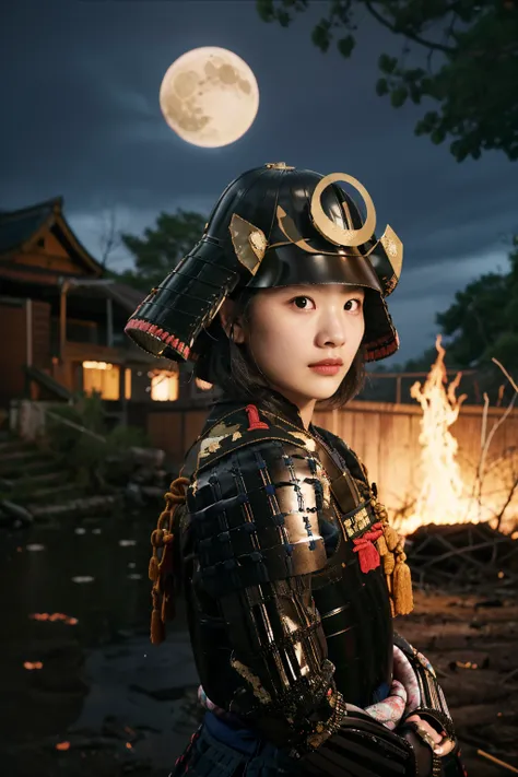 best quality, masterpieces,
young girl, face, (pov), half-length portrait,
samurai armor, samurai helmet, woven fabric,
dark theme, in front of devastated houses, ruins background, midnight, dark sky, moon, on fire,
detailed skin, matte skin, soft lighting...