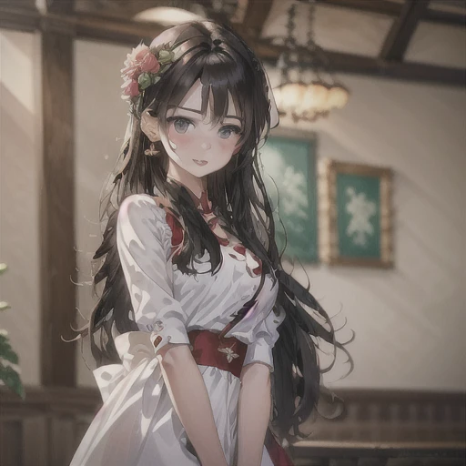 best quality, masterpiece, photorealistic, 1girl, solo, full body, standing, long black straight hair, blunt bangs, looking at viewer, smile, lo dress, layered dress, long dress, lace-trimmed dress, pink dress, frills, puffy sleeves, wide sleeves, bow, jew...