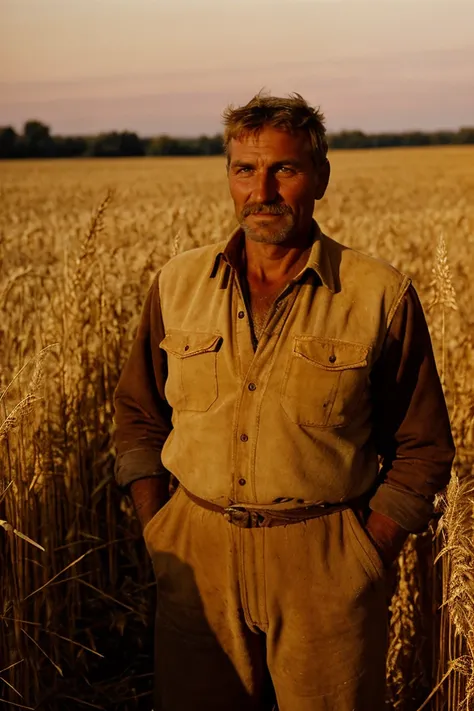 analog photo,ussr,film grain,A rustic portrait of a farmer standing in a golden wheat field at sunset, the end of a hard days work reflected in their satisfied gaze, with the warm light casting a glow on their rugged features,