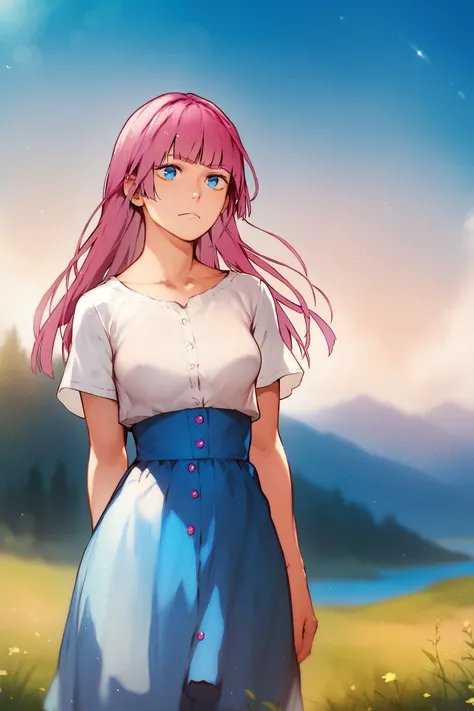 score_9, score_8_up, score_7_up, 1girl, :D, pink hair, straight-across_fringe, dark_blue eyes, medium breasts, arm_behind_back, outdoors, glittering light <lora:nishiide_kengorou_PonyXL_style_v01:1>