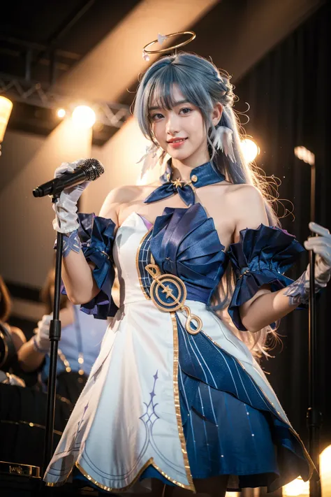 best quality, masterpiece, realistic, photorealistic, 1girl, solo, looking at viewer, grin, standing, cowboy shot, holding microphone, robin cosplay costume, cosplay, blue hair, long hair, dress, asymmetrical dress, strapless dress, detached sleeves, detac...