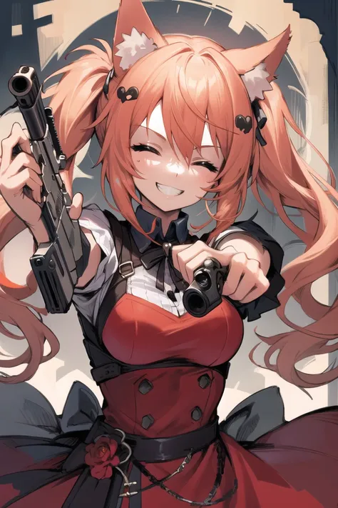 (masterpiece),best quality,1girl,gun,animal ears,solo,closed eyes,twintails,smile,holding gun,dress,aiming at viewer,short sleeves,handgun,animal ear fluff,upper body,grin,teeth,