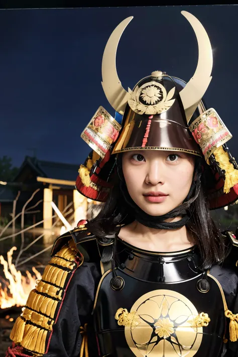 best quality, masterpieces,
young girl, face, (pov), close up, half-length portrait,
samurai armor, samurai helmet, golden symbol on helmet,
midnight, dark sky, moon, on fire, dark theme, in front of devastated houses, ruins background, 
heavy shadow, film...