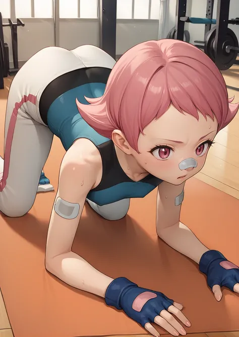 score_9,score_8_up,score_7_up,score_6_up,source anime BREAK, solo,
indoors, gym, push-ups, sweat, sweatdrop,
1girl, maylene (pokemon), pink eyes, pink hair, small breasts, short hair, eyelashes, pointy hair,
white pants, blue gloves, bandaid on nose, banda...