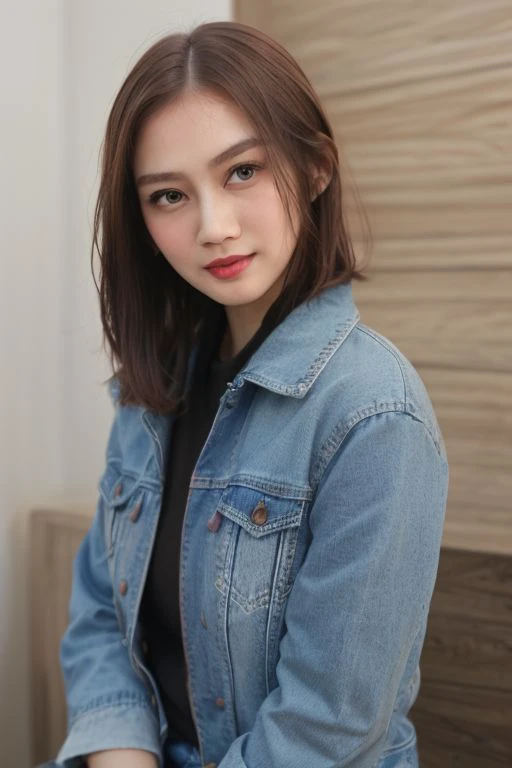 (Denim jacket), collar bone, perfect face shape, (perfect eyes, bright eyes, downing eyes, perfect eyes looking, downing eyes, brown eyes), {smirk|parted lips,teeth}), cleavage, (medium breast:1.2), looking at viewer, (shiny skin, pale skin, clear skin), {...