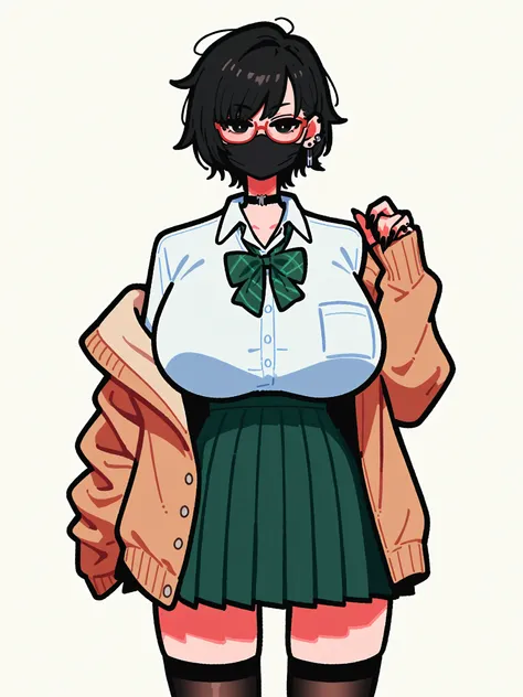 score_9, score_8_up, score_7_up, score_6_up, score_5_up, score_4_up,
BREAK
1girl, (black hair:1.2), bob cut, short hair, tomboy, black eyes, black mouth mask, long eyelashes, half-closed eyes, red-framed eyewear, black choker, messy hair, asymmetrical hair...