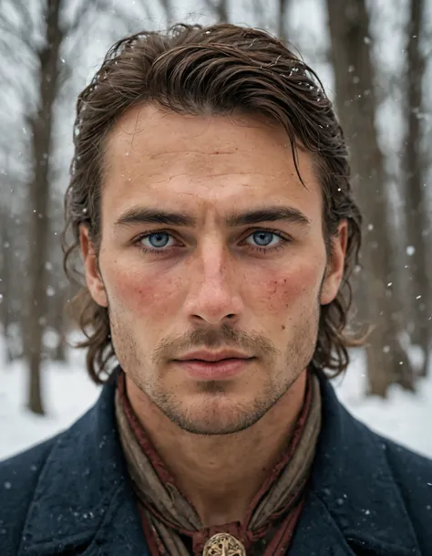 (highly detailed, soft light, detailed face, detailed skin, detailed eyes, photorealistic, dynamic light; cinematic); 1820s Canada; 33 years old man; German-Native American; 1820s fur hunter; leadership figure; natural dark-blue eyes; strikingly handsome; ...