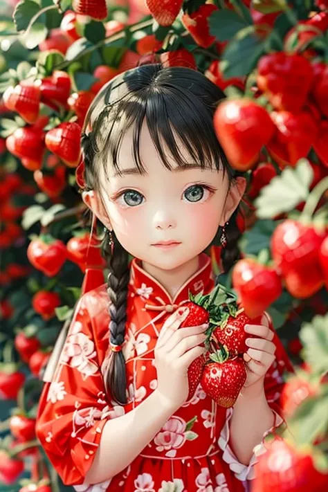 child, child-HXZ, Hanfu, 1girl, fruit, food, solo, braid, looking at viewer, holding food, black hair, earrings, holding, dress, jewelry, blurry, upper body, holding fruit, bangs, strawberry,
 <lora:Fruit Story-HXZ:0.75>