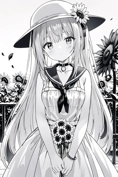 (masterpiece),best quality,1girl, lineart, monochrome, hat, flower, greyscale, sunflower, solo, long hair, dress, looking at viewer, straw hat, jewelry, petals, hand on headwear, holding, bracelet, transparent background, ribbon, sailor dress, holding flow...