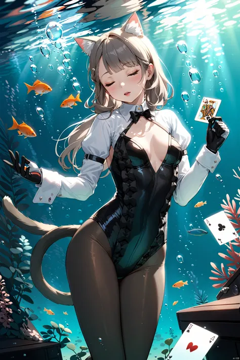 masterpiece, best quality,8k,detailed,(good hands:0.5),
1girl, animal ears, cat ears, solo, pantyhose, closed eyes, underwater, ...