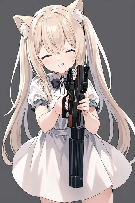 (masterpiece),best quality,1girl,gun,animal ears,solo,closed eyes,twintails,smile,holding gun,dress,aiming at viewer,short sleeves,handgun,animal ear fluff,upper body,grin,teeth,