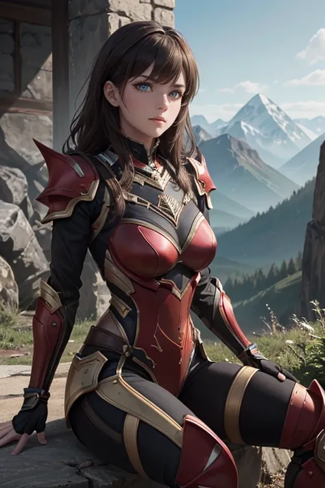 <lora:HXarmour_036:0.5>,mountain,(Sitting with elbows on knees:1.1),, hxarmour,1girl,(dark red armour:1.3),, ultra-detailed,extremely delicate and beautiful,(by exquisite colors block),masterpiece,best quality,unreal engine 5 rendering,movie light,movie le...