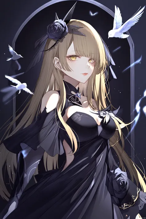 masterpiece, best quality,1girl, bird, yellow eyes, owl, long hair, parted lips, solo, blonde hair, hair bow, bangs, portrait, lips, black bow, blunt bangs, slit pupils, eyelashes, full_body,
,midie,1girl,rita rossweisse,hair over one eye,flower,black sing...