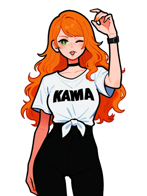 score_9, score_8_up, score_7_up, score_6_up, score_5_up, score_4_up,
BREAK
1girl, orange hair, wink, tongue out, green eyes, long hair, wavy hair, freckles, swept bangs,
BREAK
solo, medium breasts, white t-shirt, tied shirt, black yoga pants, black choker,...