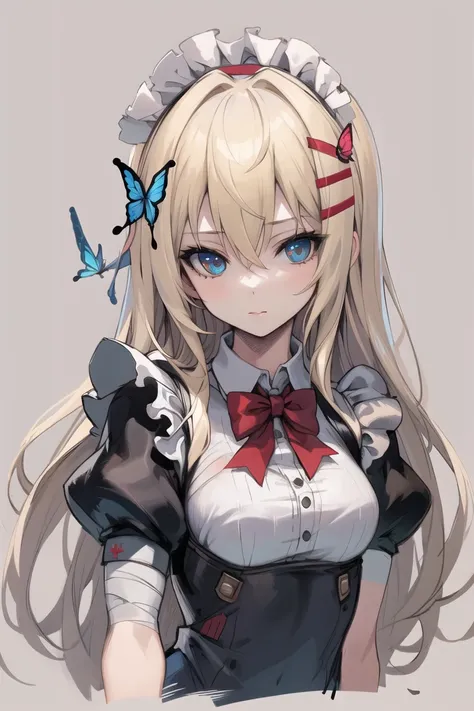 (masterpiece),best quality,portrait,upper_body,1girl,solo,blonde hair,long hair,dress,butterfly hair ornament,bandages,bowtie,striped bow,hair between eyes,puffy sleeves,apron,striped,short sleeves,pantyhose,bandaged arm,alice (alice in wonderland),