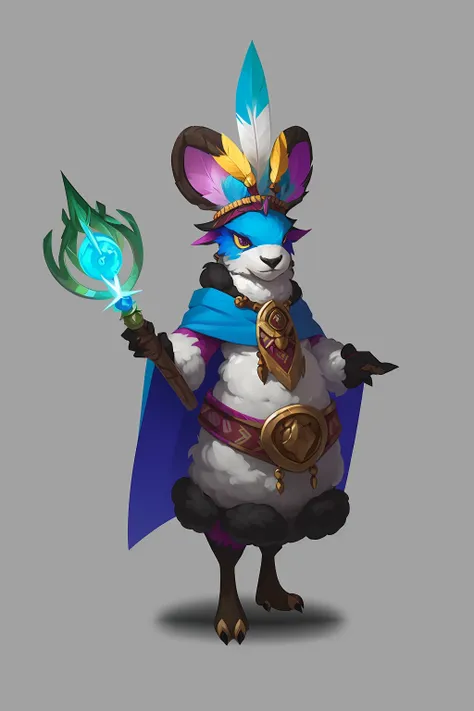 concept art, character design, Sheep Monster, wizard, furry, solo, jewelry, holding wand, Single holding, grey background, simple background, earrings, feathers, standing, tribal, necklace, full body <lora:ç»å¨æ¬§ç¾è§è²è®¾è®¡concept art_v1.1:0.9>