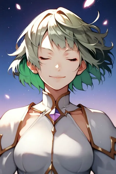 score_9, score_8_up, score_7_up, 1girl, closed eyes smile, dark_green hair, full_bangs, silver eyes, medium breasts,  night <lora:yoshio_(55level)_PonyXL_style_v01:1>
