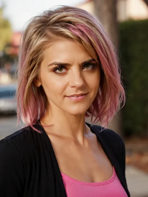 cinematic portrait of eliza coupe, pink hair, <lora:Eliza_Coupe-XL-000004:1>, depth of field, bokeh